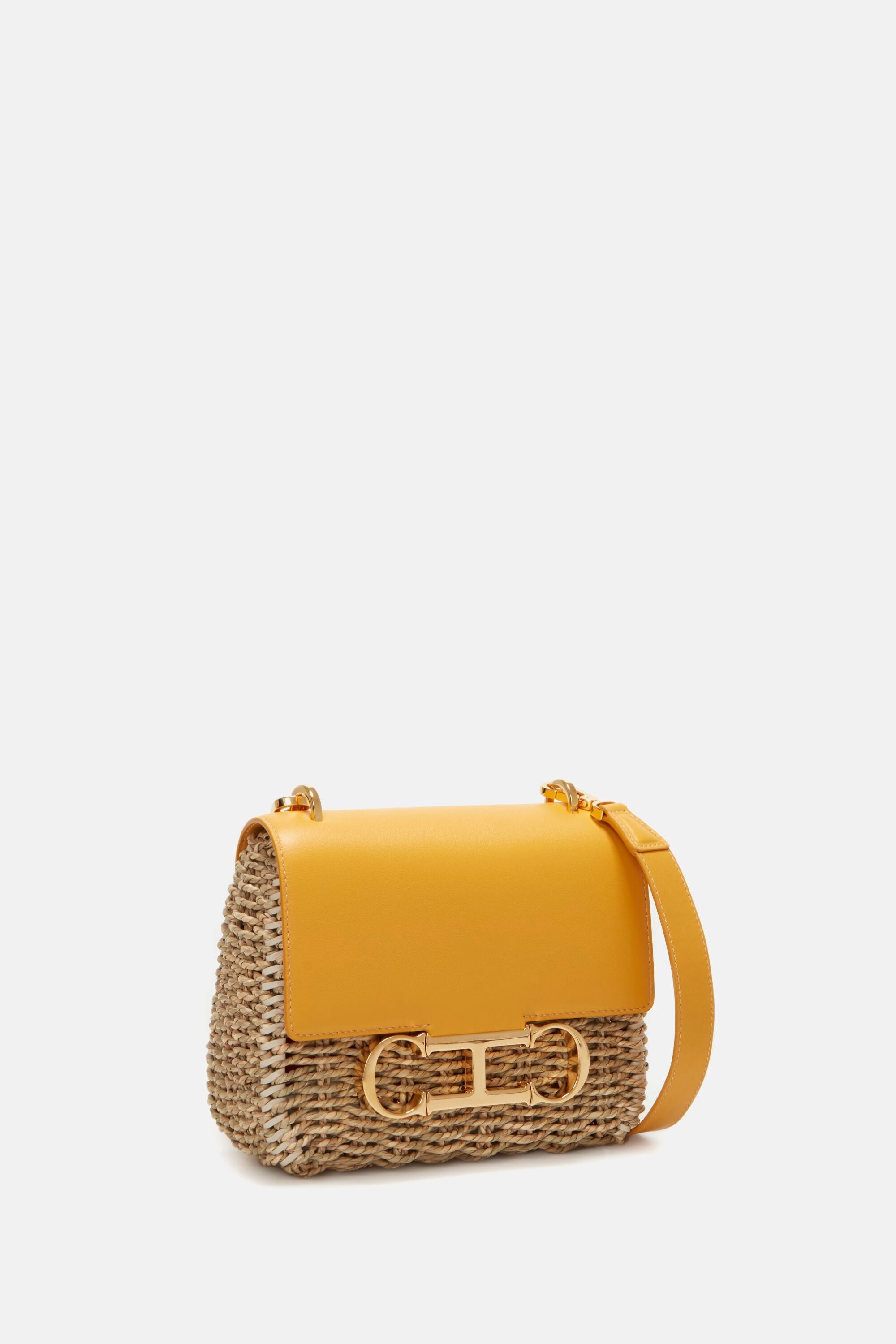 CH Carolina Herrera Mustard Leather Initials Insignia Shoulder Bag