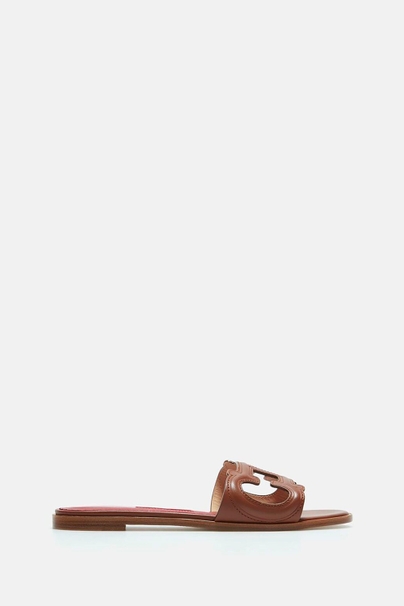 Initials Insignia Leather Slides - BROWN